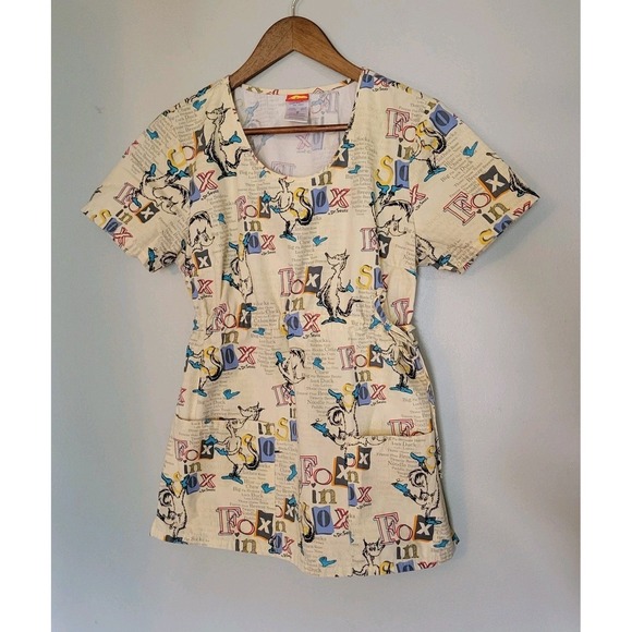 Dr Seuess Womens VNeck Scrub Top Size SMALL Pockets Fox In Socks - Cherokee - Picture 1 of 9